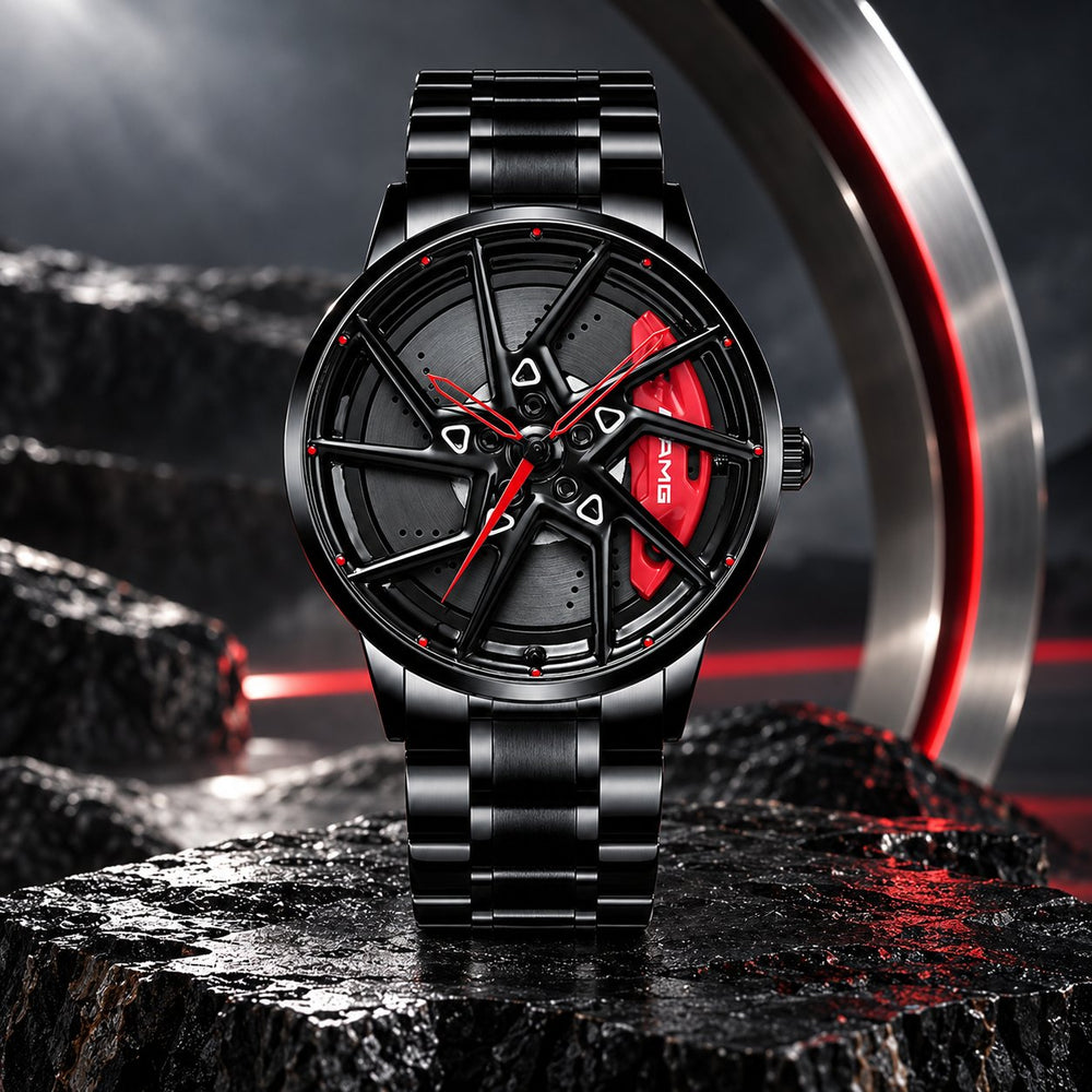 Engine Legacy™ Redline — Black watch with red hands and steel bracelet, on obsidian with a chrome arch.