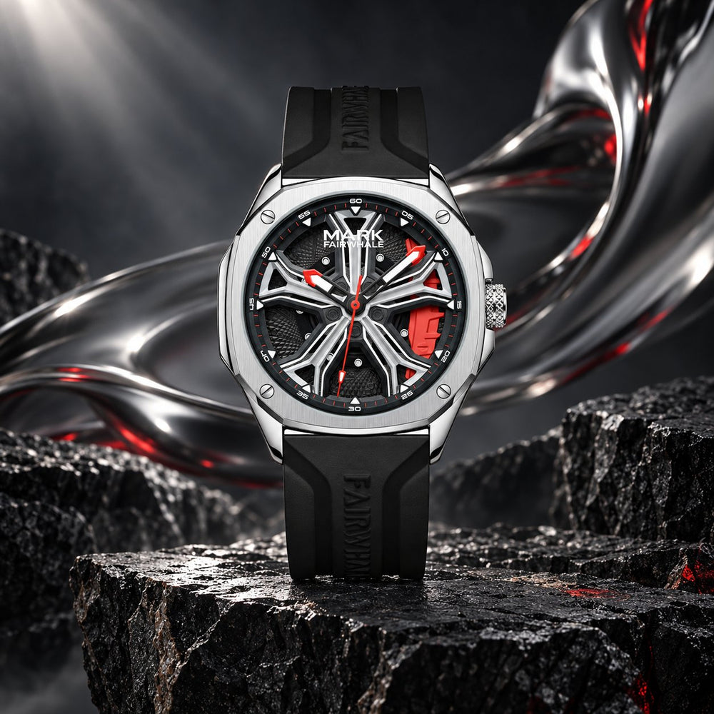 Engine Legacy™ Apex — Watch with red accents and black strap in a chrome studio setting.
