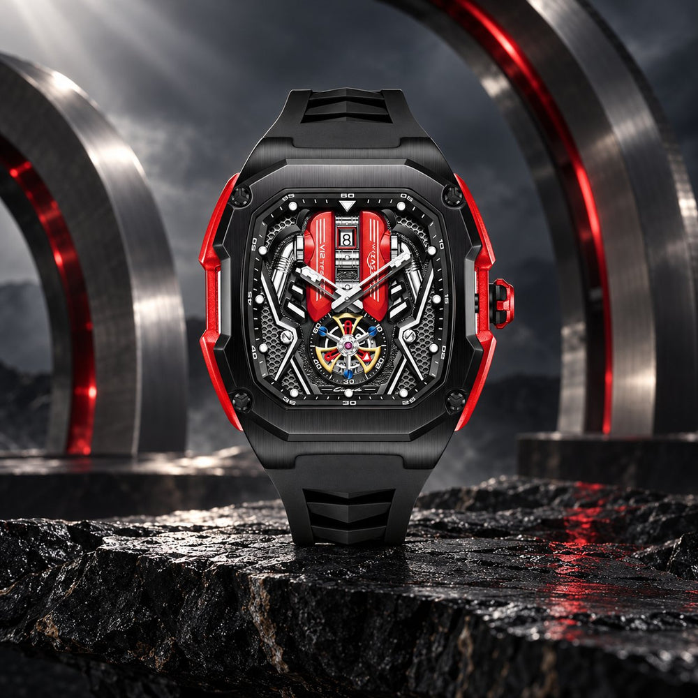 Engine Legacy™ Valkyrie V12 — Red V12 watch beneath metallic arches.