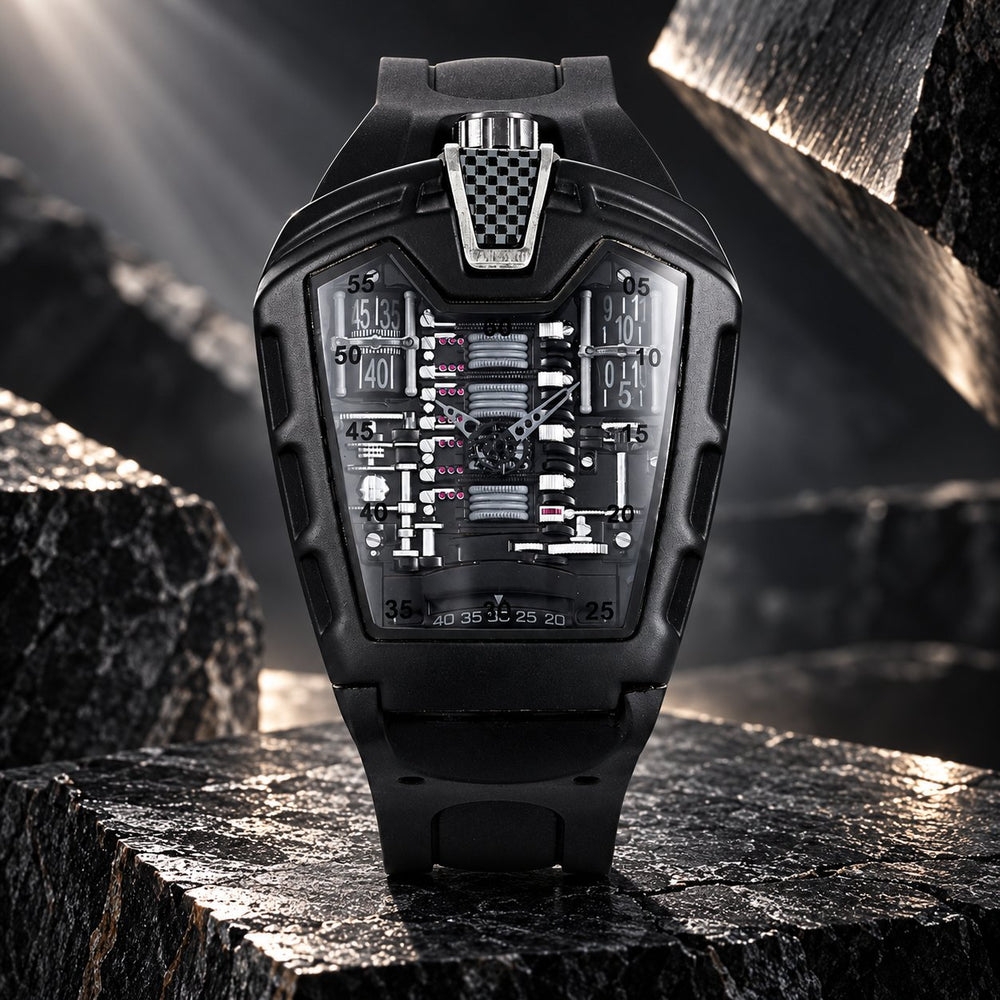 Engine Legacy™ Ignition — Black watch with white accents on a graphite plinth.