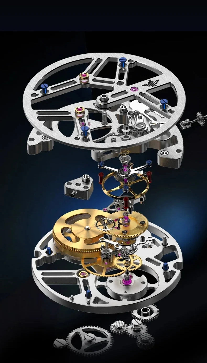Exploded movement study of the Engine Legacy Aether showing the layered round calibre